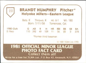 1981 TCMA Holyoke Millers #22 Brandt Humphry Back