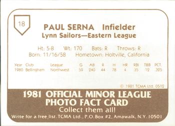 1981 TCMA Lynn Sailors #18 Paul Serna Back