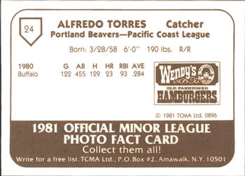 1981 TCMA Portland Beavers #24 Alfredo Torres Back
