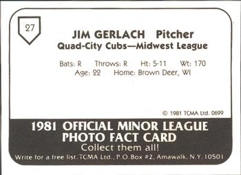 1981 TCMA Quad City Cubs #27 Jim Gerlach Back