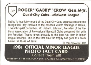 1981 TCMA Quad City Cubs #32 Roger Crow Back