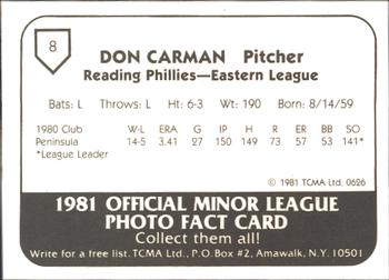 1981 TCMA Reading Phillies #8 Don Carman Back