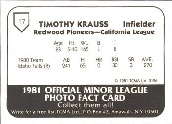 1981 TCMA Redwood Pioneers #17 Tim Krauss Back