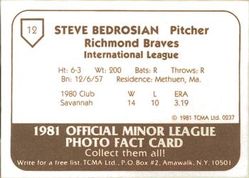 1981 TCMA Richmond Braves #12 Steve Bedrosian Back