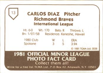 1981 TCMA Richmond Braves #13 Carlos Diaz Back
