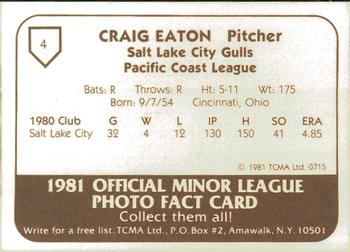 1981 TCMA Salt Lake City Gulls #4 Craig Eaton Back