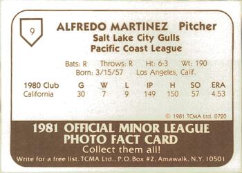 1981 TCMA Salt Lake City Gulls #9 Alfredo Martinez Back