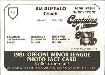 1981 TCMA Shreveport Captains #13 Jim Duffalo Back