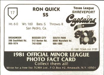 1981 TCMA Shreveport Captains #17 Ron Quick Back