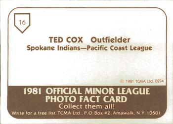 1981 TCMA Spokane Indians #16 Ted Cox Back