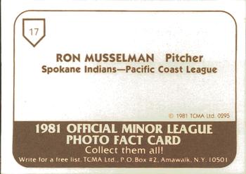 1981 TCMA Spokane Indians #17 Ron Musselman Back