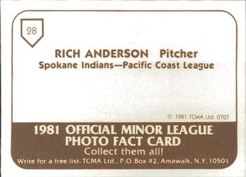 1981 TCMA Spokane Indians #28 Rich Anderson Back