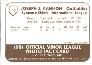 1981 TCMA Syracuse Chiefs #17 Joe Cannon Back