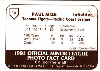 1981 TCMA Tacoma Tigers #16 Paul Mize Back