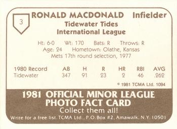 1981 TCMA Tidewater Tides #3 Ronald MacDonald Back
