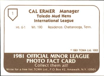 1981 TCMA Toledo Mud Hens #1 Cal Ermer Back