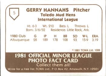 1981 TCMA Toledo Mud Hens #5 Gerry Hannahs Back