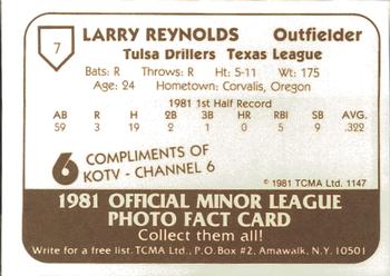 1981 TCMA Tulsa Drillers #7 Larry Reynolds Back