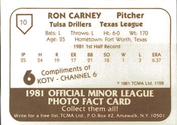 1981 TCMA Tulsa Drillers #10 Ron Carney Back