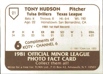 1981 TCMA Tulsa Drillers #21 Tony Hudson Back