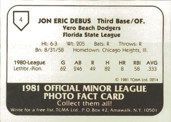1981 TCMA Vero Beach Dodgers #4 Jon Debus Back