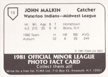 1981 TCMA Waterloo Indians #19 John Malkin Back