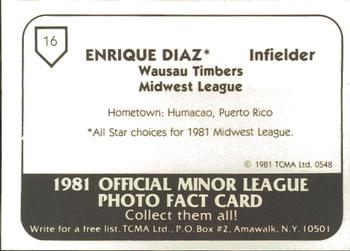 1981 TCMA Wausau Timbers #16 Enrique Diaz Back