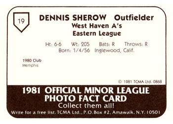 1981 TCMA West Haven A's #19 Dennis Sherow Back