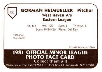 1981 TCMA West Haven A's #20 Gorman Heimueller Back