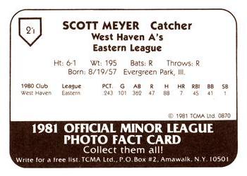 1981 TCMA West Haven A's #21 Scott Meyer Back