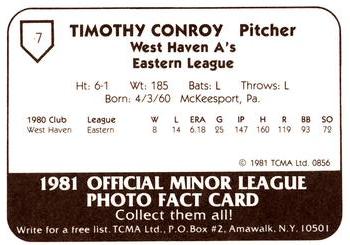 1981 TCMA West Haven A's #7 Tim Conroy Back