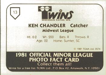 1981 TCMA Wisconsin Rapids Twins #13 Ken Chandler Back