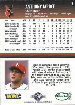 2000 Blueline Q-Cards Indianapolis Indians #16 Anthony Iapoce Back