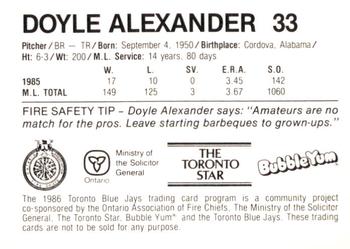 1986 Toronto Blue Jays Fire Safety #NNO Doyle Alexander Back