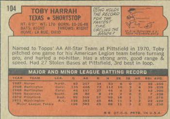 1972 Topps #104 Toby Harrah Back