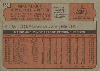 1972 Topps #138 Mike Kekich Back