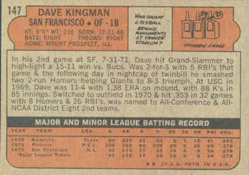 1972 Topps #147 Dave Kingman Back