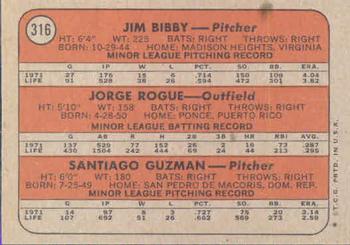 1972 Topps #316 Cardinals 1972 Rookie Stars (Jim Bibby / Jorge Roque / Santiago Guzman) Back