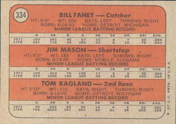 1972 Topps #334 Rangers 1972 Rookie Stars (Bill Fahey / Jim Mason / Tom Ragland) Back