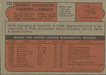 1972 Topps #358 Sparky Anderson Back