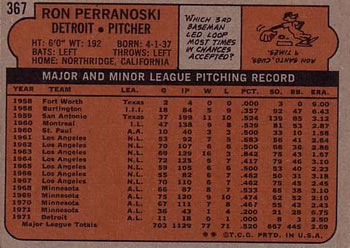 1972 Topps #367 Ron Perranoski Back