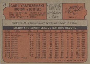 1972 Topps #37 Carl Yastrzemski Back