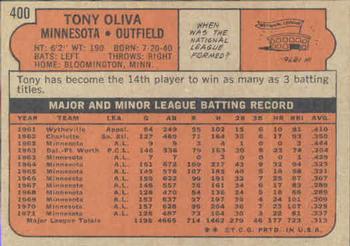 1972 Topps #400 Tony Oliva Back