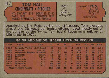 1972 Topps #417 Tom Hall Back