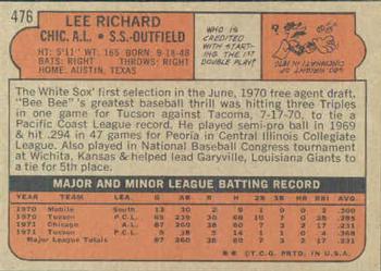 1972 Topps #476 Lee Richard Back