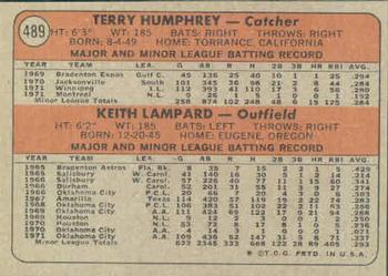 1972 Topps #489 Expos 1972 Rookie Stars (Terry Humphrey / Keith Lampard) Back