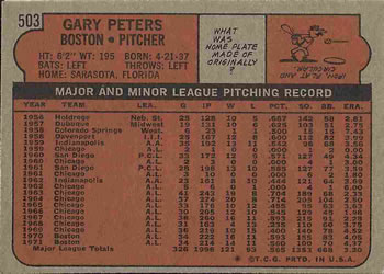 1972 Topps #503 Gary Peters Back