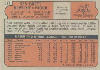 1972 Topps #517 Ken Brett Back