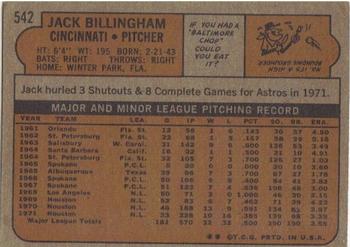 1972 Topps #542 Jack Billingham Back