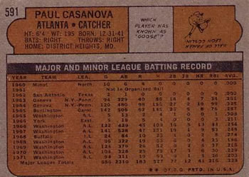 1972 Topps #591 Paul Casanova Back